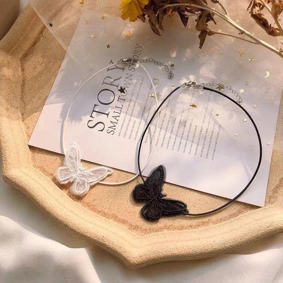 Black or White Butterfly Choker Necklace - Picture 6 of 14
